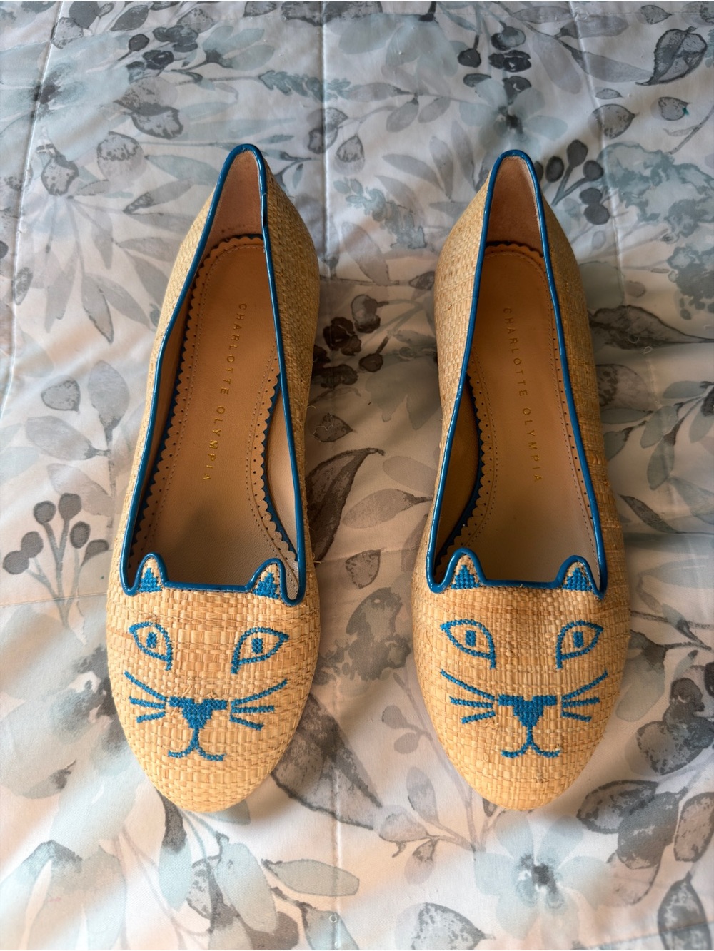 Charlotte Olympia Natural Raffia Flats with Blue Cat Motif - Brand New